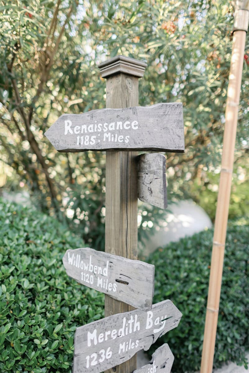 Renaissance, Willowbend, Meredith Bay signpost with distance markers at a wedding event.